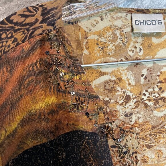 Chicos 1 Women Silk Linen Beaded Mixed Media Aztec V Neck Long Sleeve Top M - Picture 8 of 14